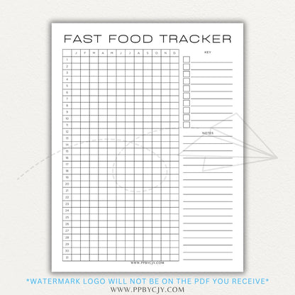 Fast Food Tracker Printable PDF Template for logging meals, expenses, and nutrition.