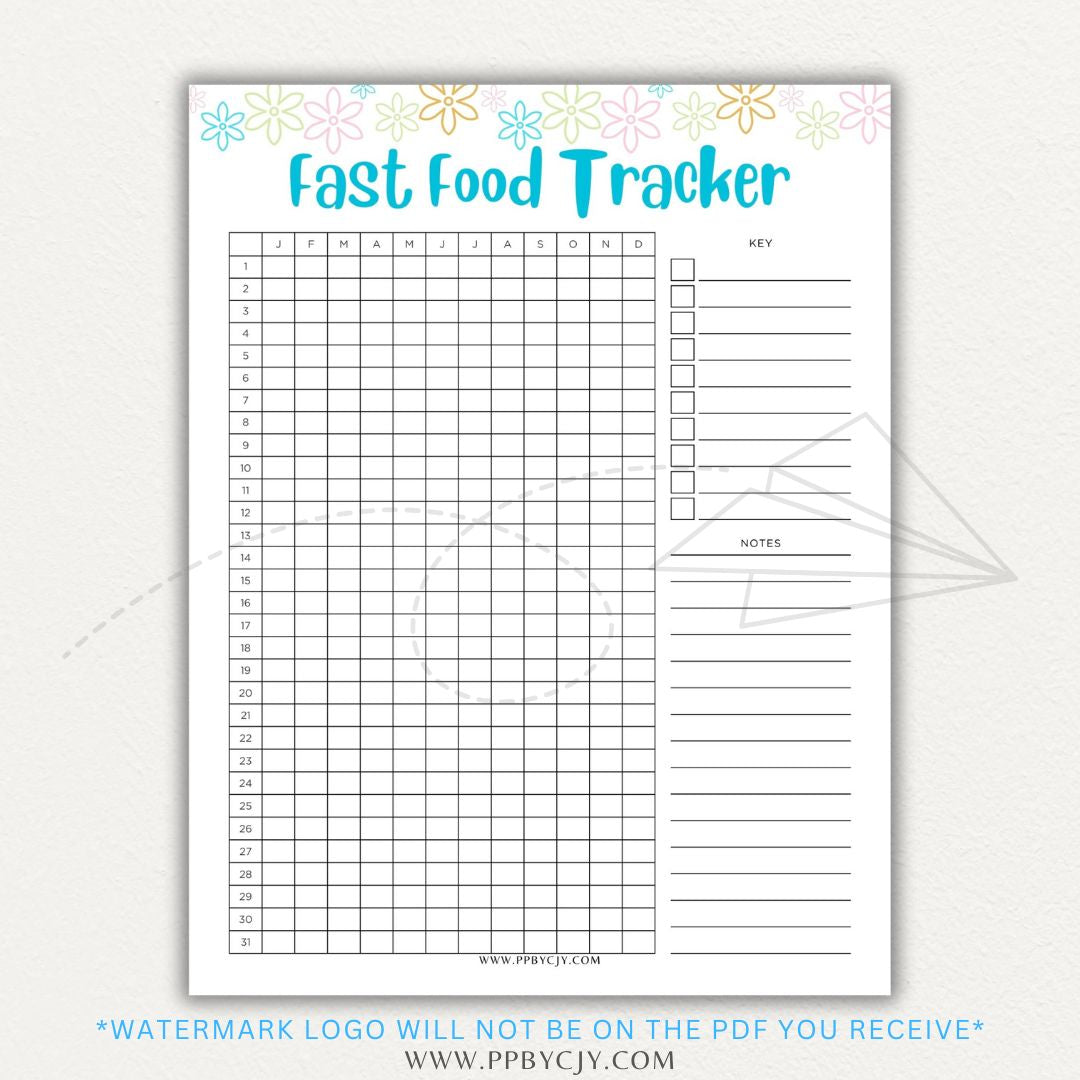 Fast Food Tracker Printable PDF Template for logging meals, expenses, and nutrition.