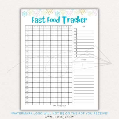 Fast Food Tracker Printable PDF Template for logging meals, expenses, and nutrition.