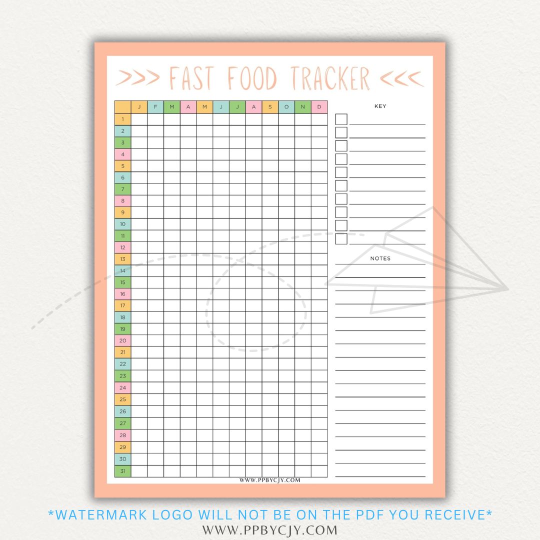 Fast Food Tracker Printable PDF Template for logging meals, expenses, and nutrition.