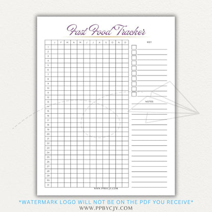 Fast Food Tracker Printable PDF Template for logging meals, expenses, and nutrition.