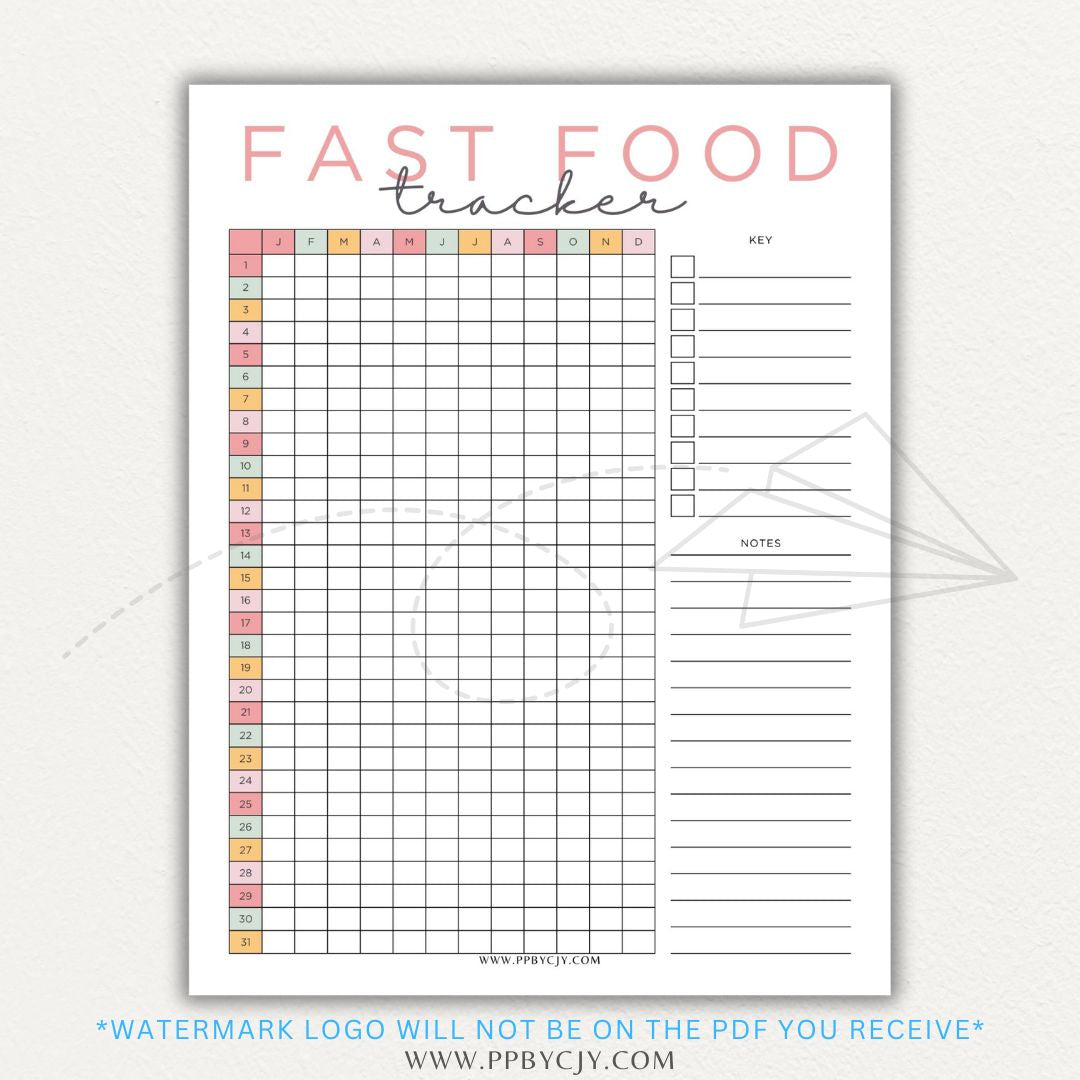 Fast Food Tracker Printable PDF Template for logging meals, expenses, and nutrition.