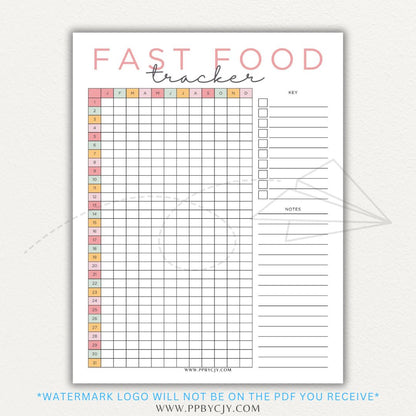 Fast Food Tracker Printable PDF Template for logging meals, expenses, and nutrition.