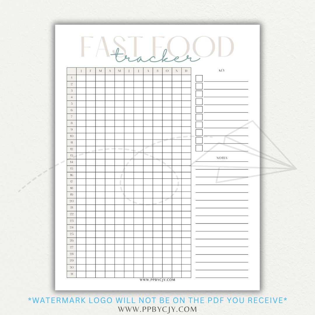 Fast Food Tracker Printable PDF Template for logging meals, expenses, and nutrition.