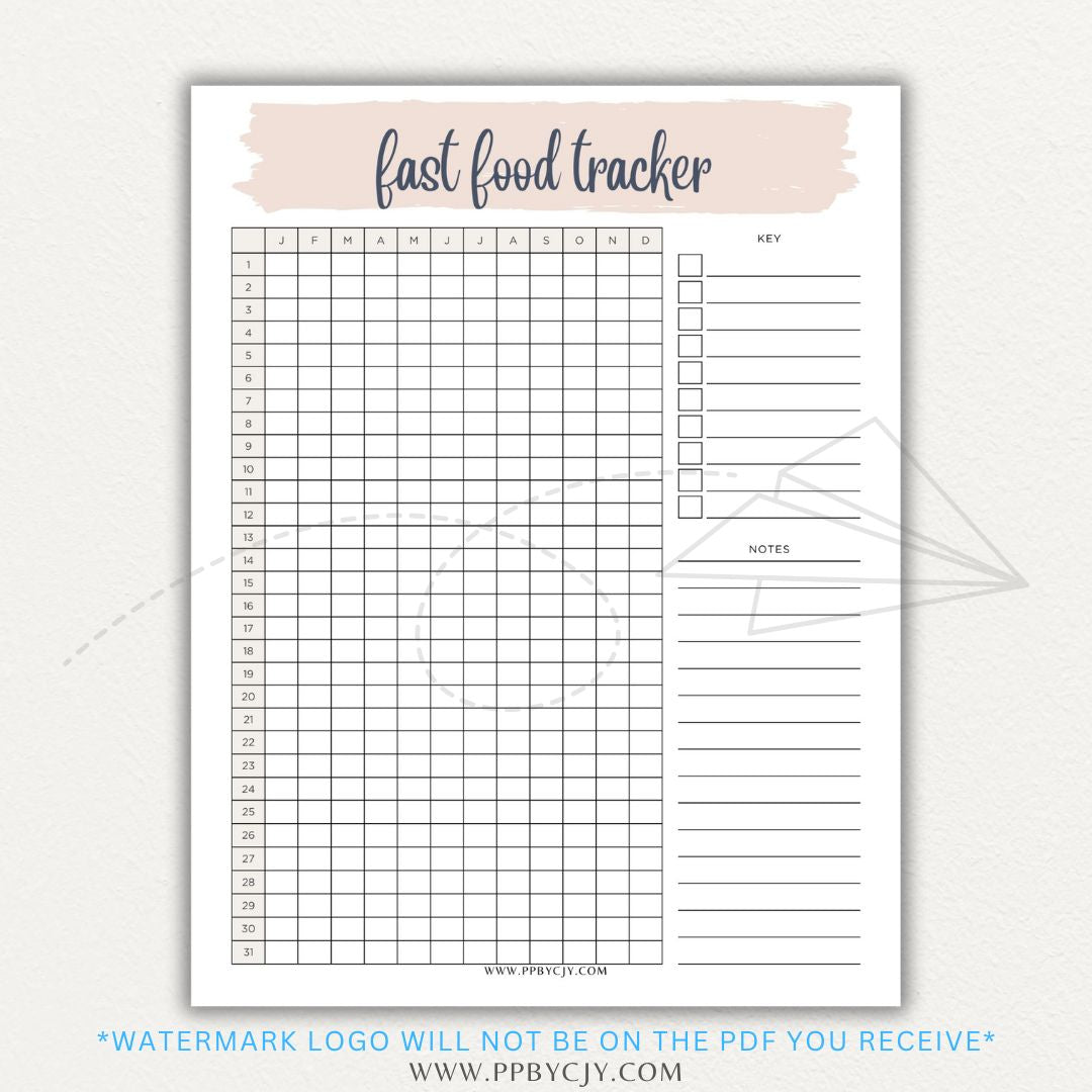 Fast Food Tracker Printable PDF Template for logging meals, expenses, and nutrition.