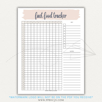 Fast Food Tracker Printable PDF Template for logging meals, expenses, and nutrition.