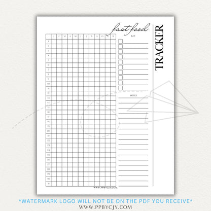 Fast Food Tracker Printable PDF Template for logging meals, expenses, and nutrition.