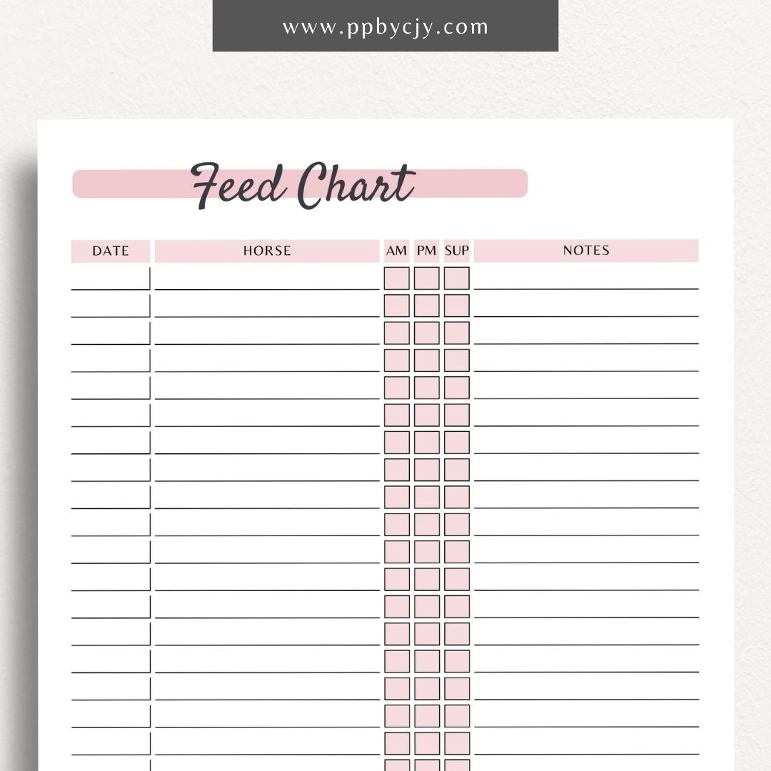 Equine Horse Feeding Chore Chart Printable PDF Template
