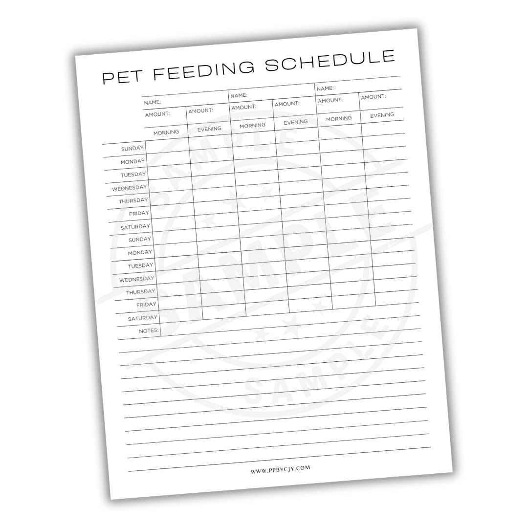 Pet feeding schedule sheet on a white background