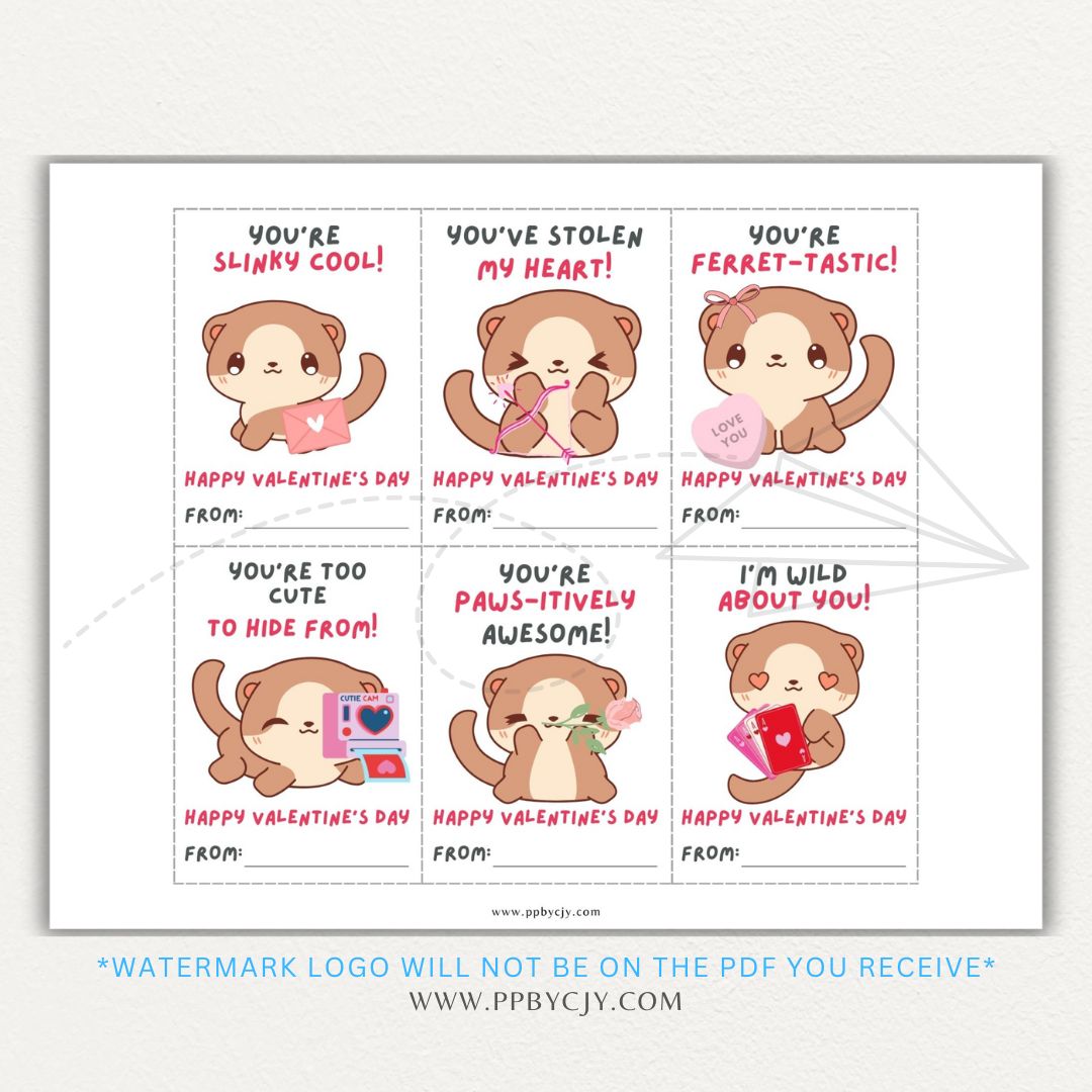 Ferret-themed printable Valentine’s Day sheet featuring six cute and playful ferret designs with love-themed messages.

