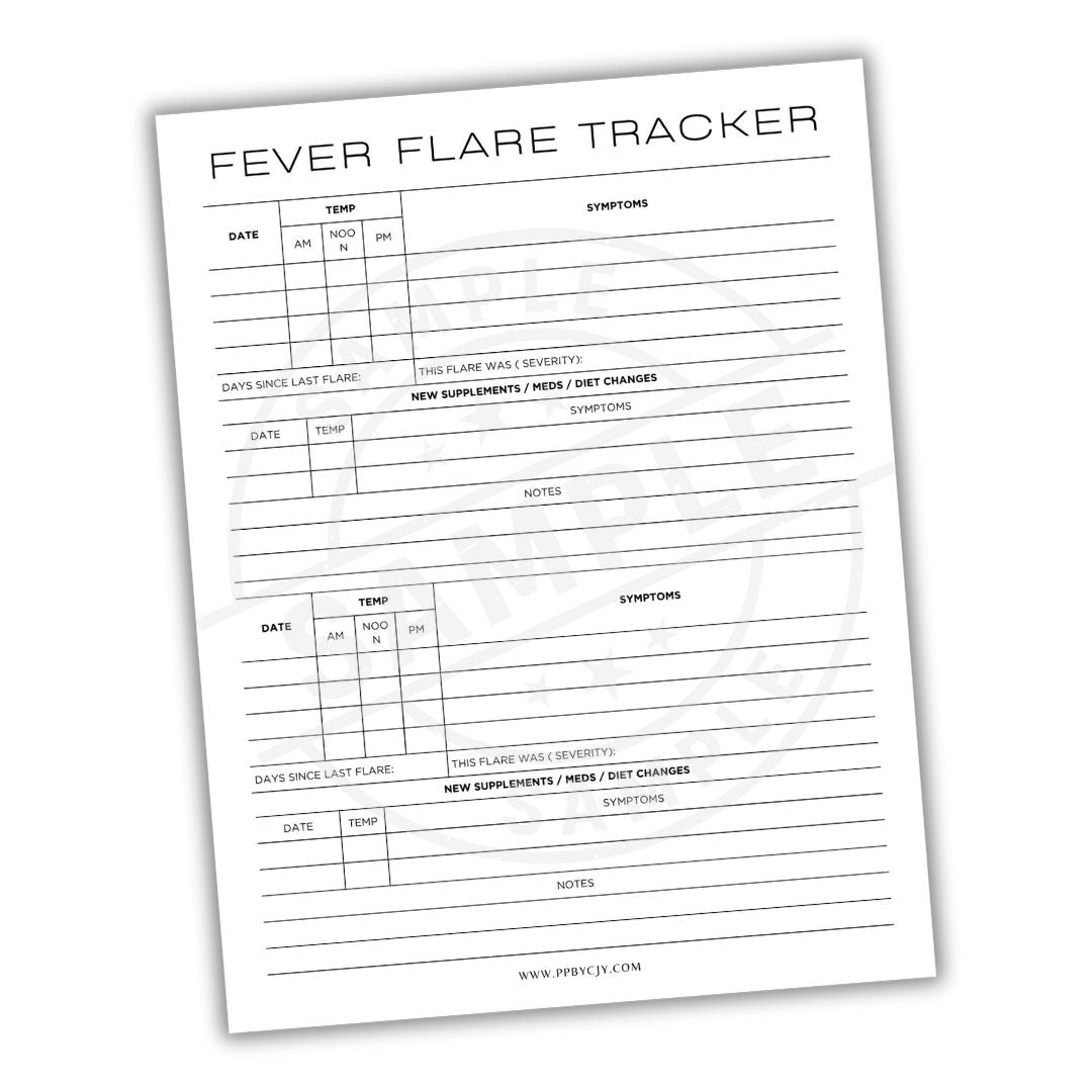 Fever Flare Tracker sheet with columns for date, temperature, symptoms, and notes on a white background.