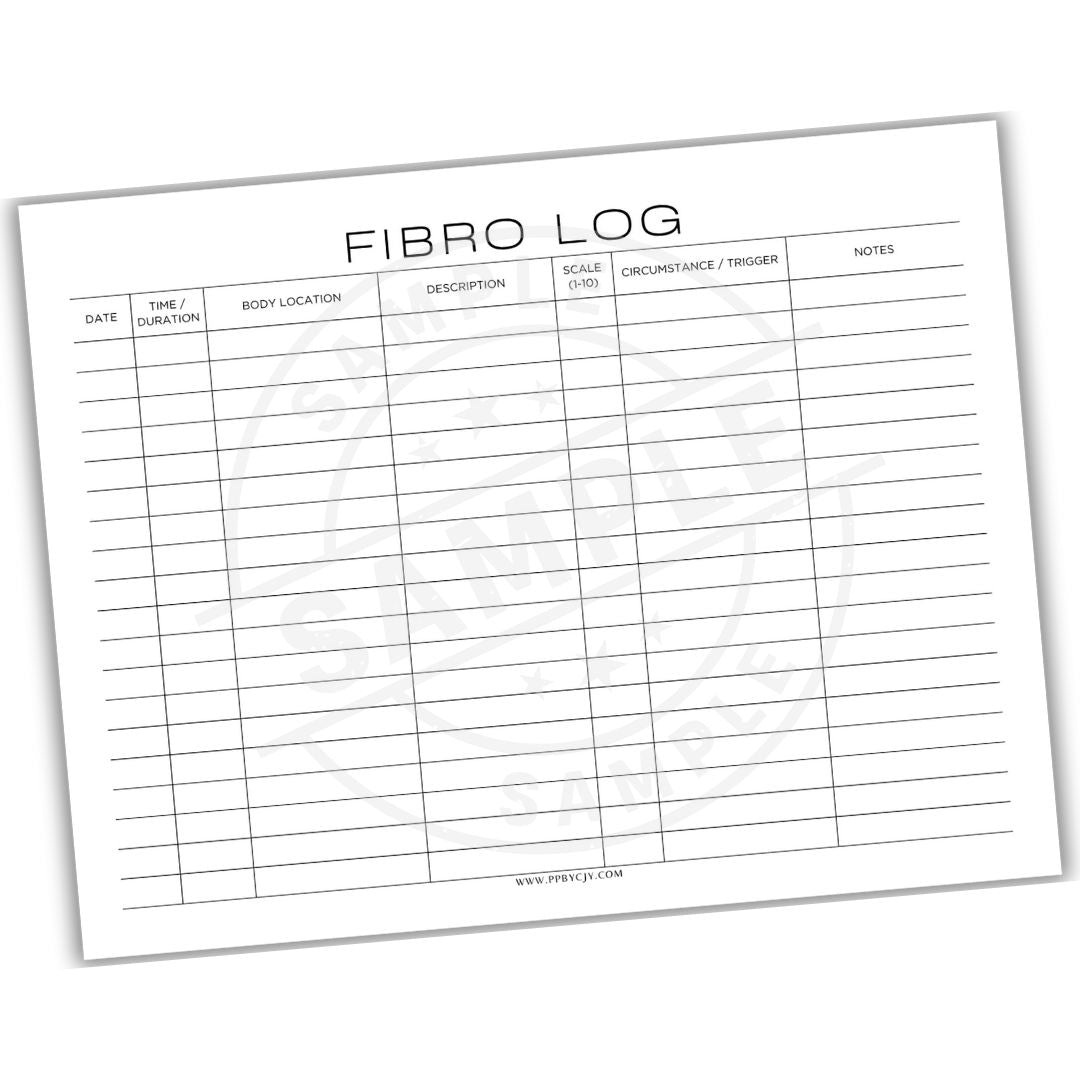Fibro Log sheet with columns for date, time, body location, description, scale, circumstance, and notes on a white background.