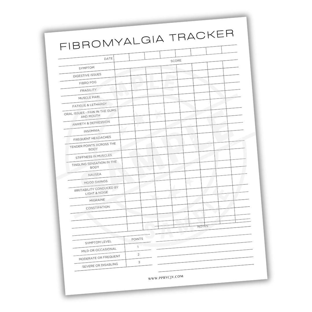 Fibromyalgia Tracker sheet on a white background
