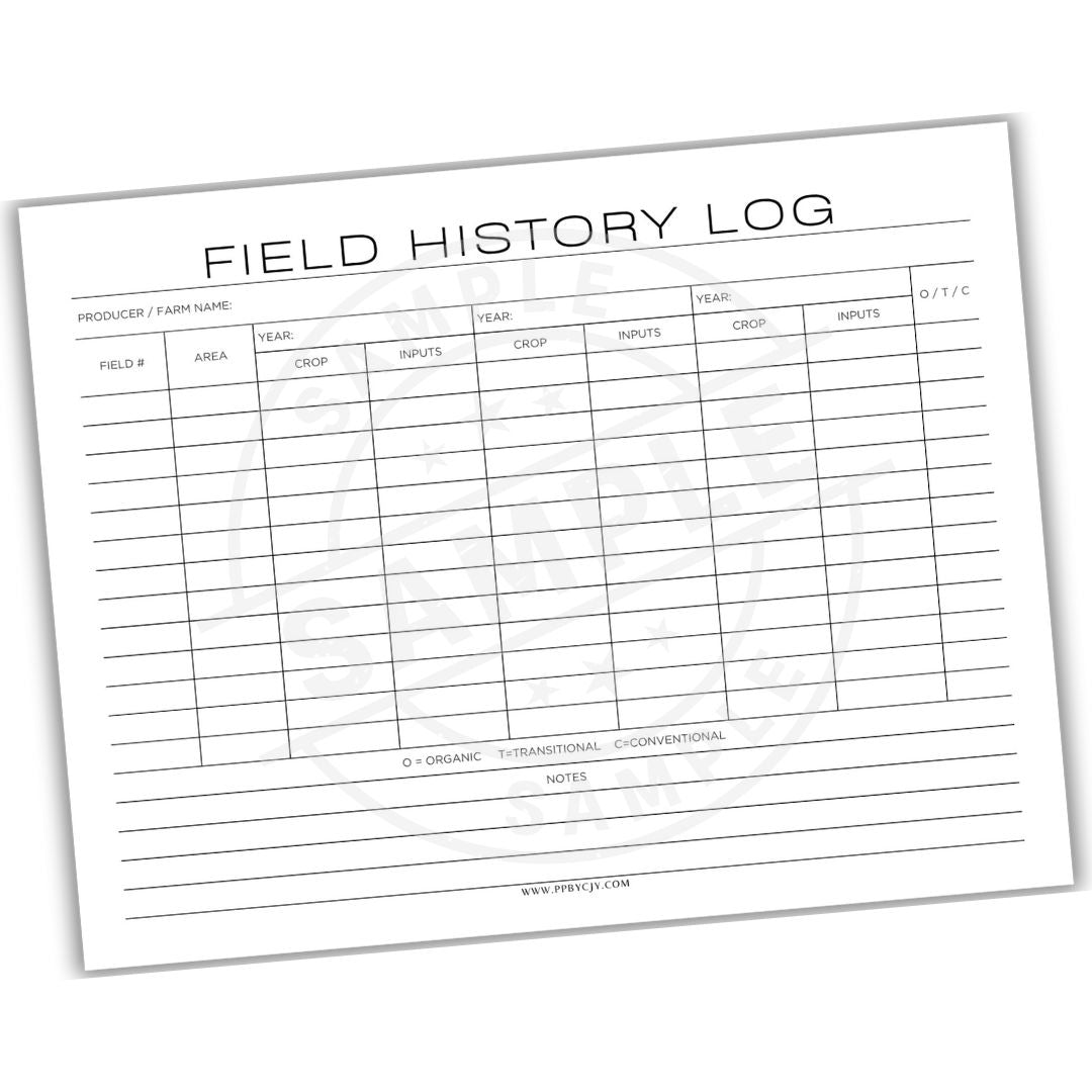 Field History Log sheet with columns for producer/farm name, year, field, area, crop, inputs, and Q/T/C.