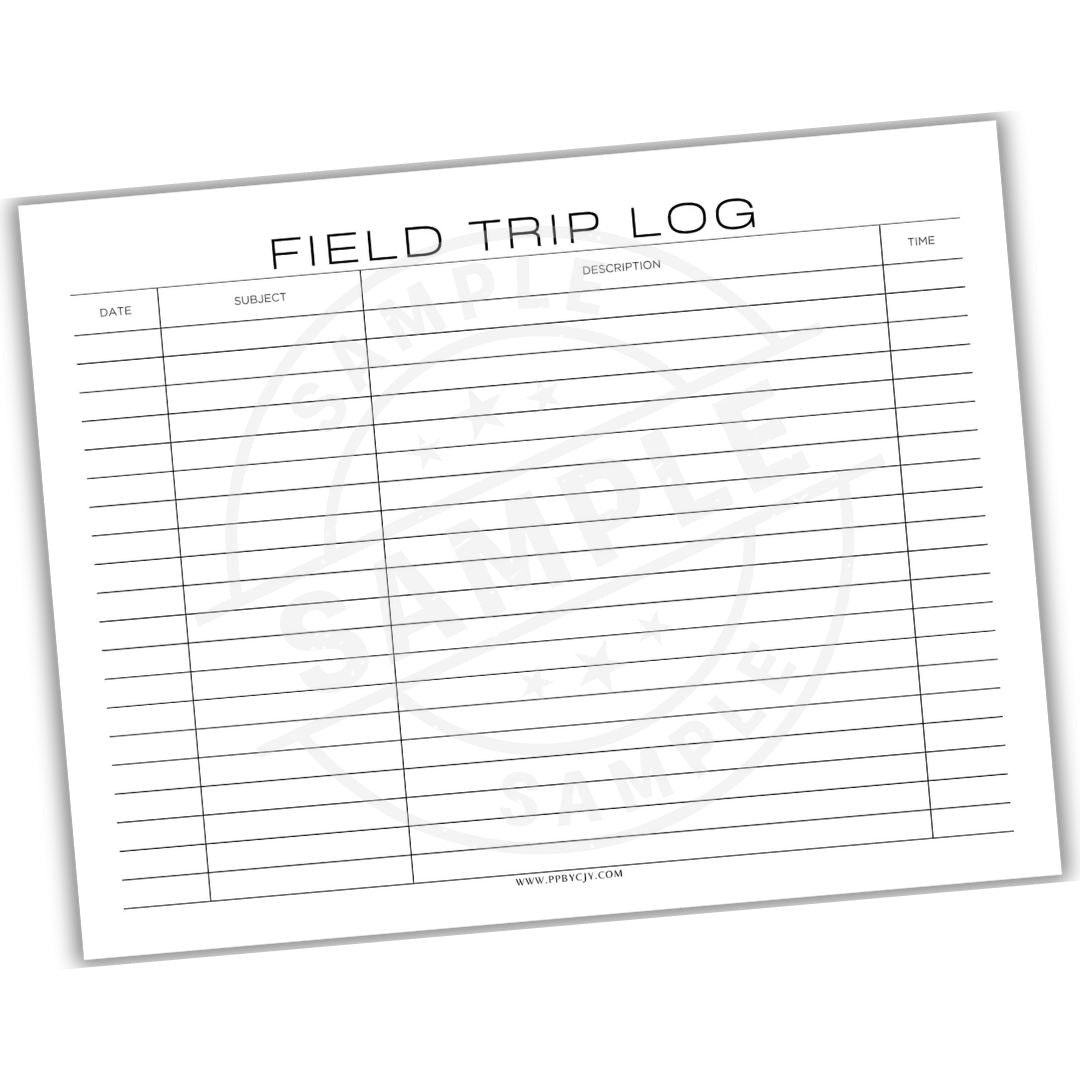 Field Trip Log sheet with columns for date, subject, and description on a white background