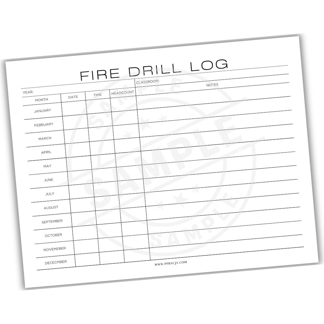 Fire drill log sheet with columns for year, month, date, time, classroom, and notes on a white background.