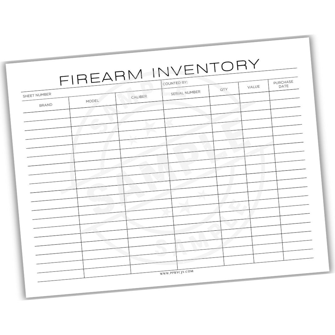 Firearm inventory sheet with columns for brand, model, caliber, etc.