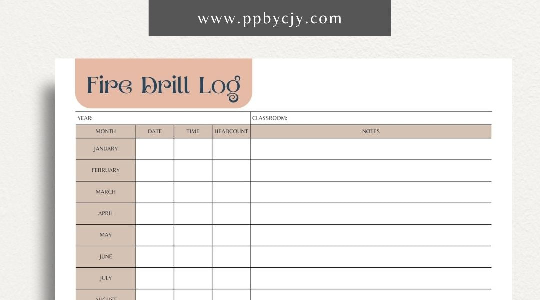 Fire Drill Log Printable Template – Digital download for recording and tracking fire drill activities and details.