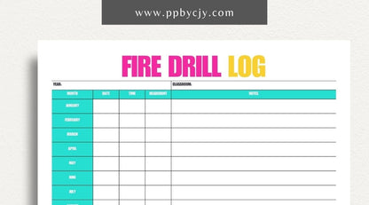 Fire Drill Log Printable Template – Digital download for recording and tracking fire drill activities and details.