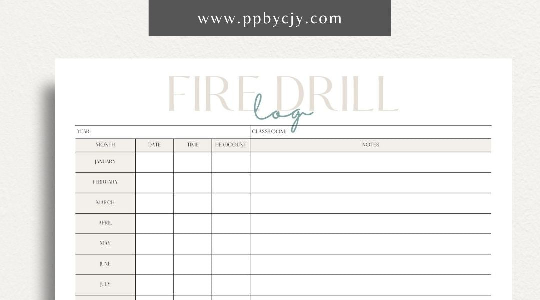 Fire Drill Log Printable Template – Digital download for recording and tracking fire drill activities and details.