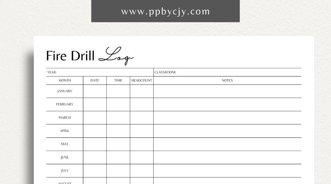 Fire Drill Log Printable Template – Digital download for recording and tracking fire drill activities and details.