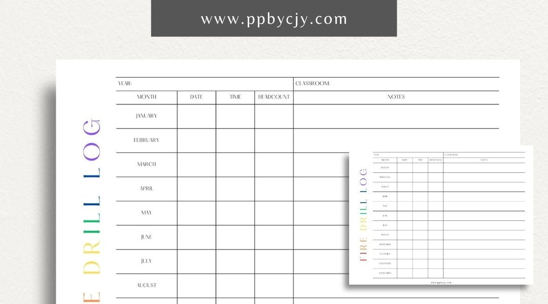 Fire Drill Log Printable Template – Digital download for recording and tracking fire drill activities and details.