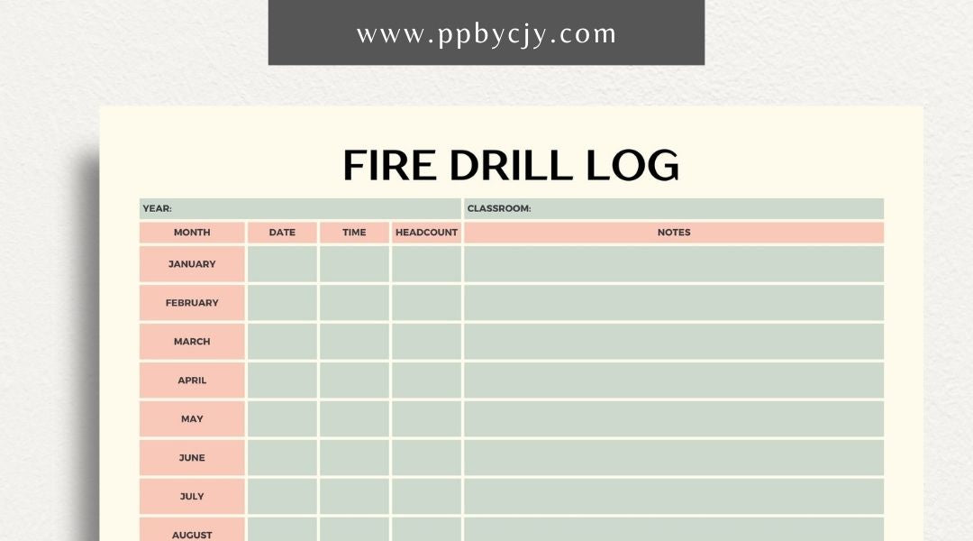 Fire Drill Log Printable Template – Digital download for recording and tracking fire drill activities and details.