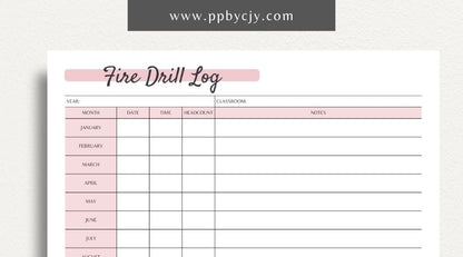 Fire Drill Log Printable Template – Digital download for recording and tracking fire drill activities and details.