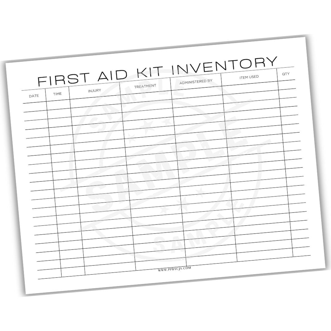 First aid kit inventory sheet with columns for date, item used, etc.