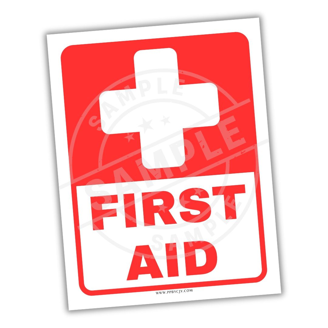 Red and white first aid sign with a cross symbol on a white background
