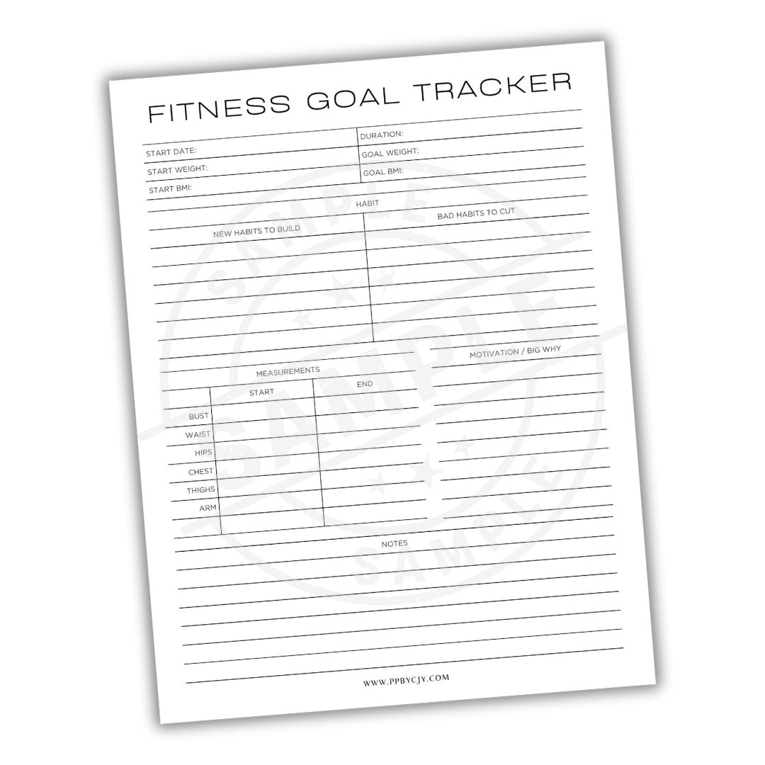 Fitness goal tracker sheet with various sections for tracking progress on a white background.