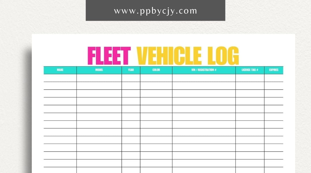 Fleet Vehicle Tracker Printable Template – Digital download for managing and monitoring fleet vehicle details and maintenance.