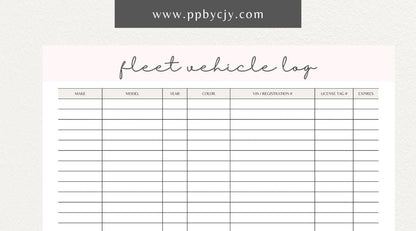 Fleet Vehicle Tracker Printable Template – Digital download for managing and monitoring fleet vehicle details and maintenance.