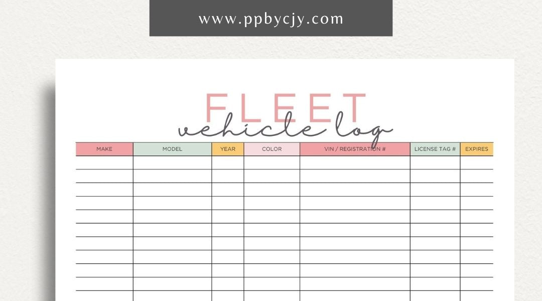 Fleet Vehicle Tracker Printable Template – Digital download for managing and monitoring fleet vehicle details and maintenance.