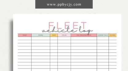 Fleet Vehicle Tracker Printable Template – Digital download for managing and monitoring fleet vehicle details and maintenance.