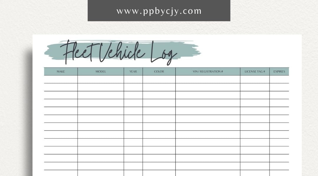 Fleet Vehicle Tracker Printable Template – Digital download for managing and monitoring fleet vehicle details and maintenance.