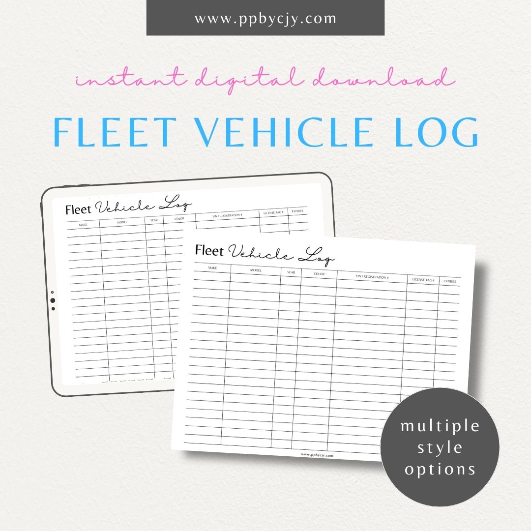 Fleet Vehicle Tracker Printable Template – Digital download for managing and monitoring fleet vehicle details and maintenance.