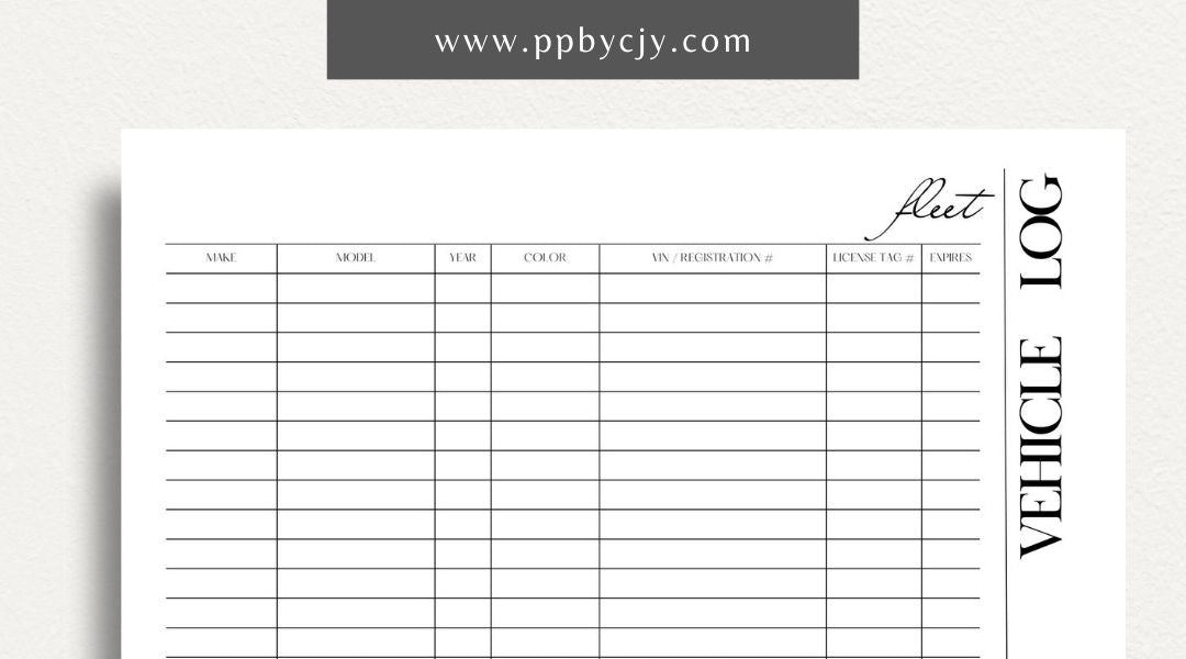 Fleet Vehicle Tracker Printable Template – Digital download for managing and monitoring fleet vehicle details and maintenance.