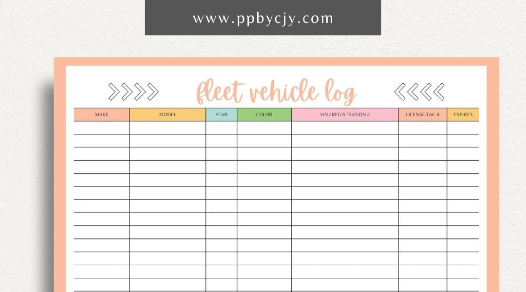 Fleet Vehicle Tracker Printable Template – Digital download for managing and monitoring fleet vehicle details and maintenance.