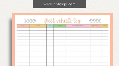 Fleet Vehicle Tracker Printable Template – Digital download for managing and monitoring fleet vehicle details and maintenance.