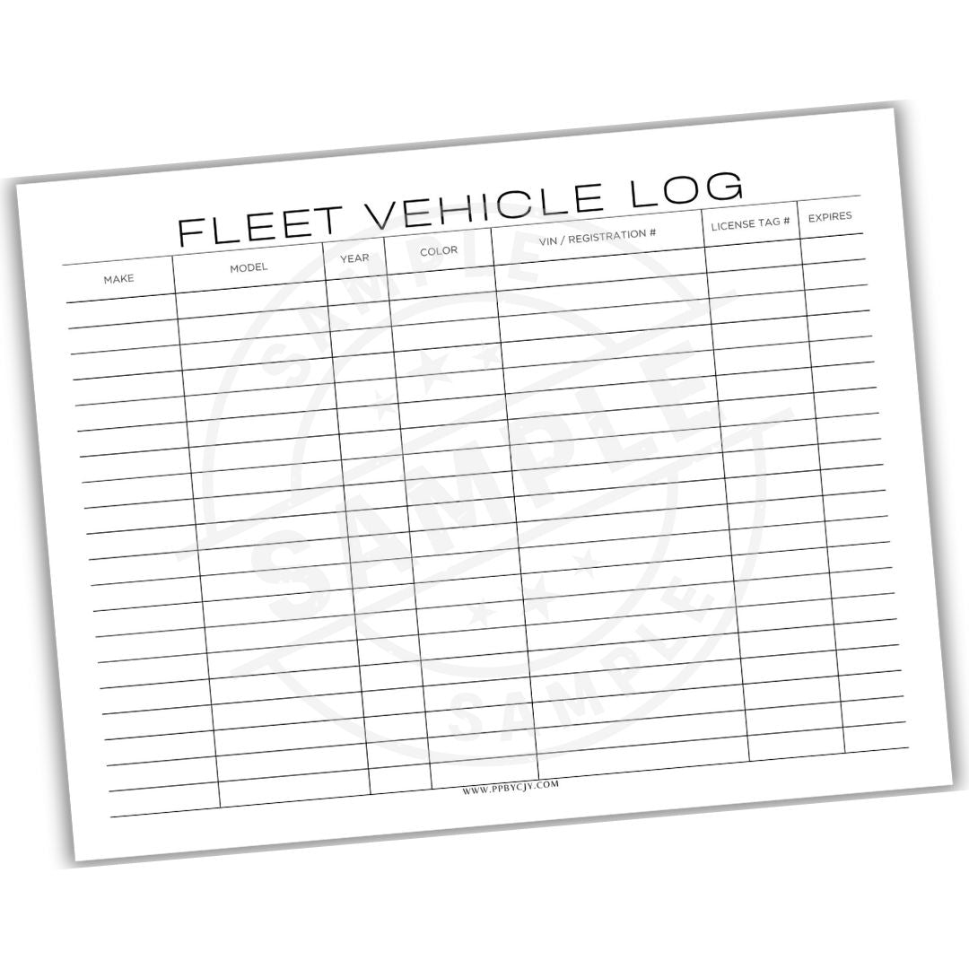 Fleet vehicle log sheet with columns for vehicle details on a white background
