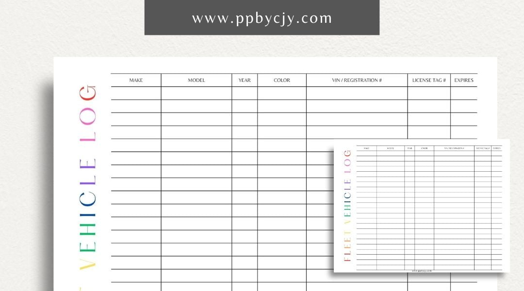 Fleet Vehicle Tracker Printable Template – Digital download for managing and monitoring fleet vehicle details and maintenance.