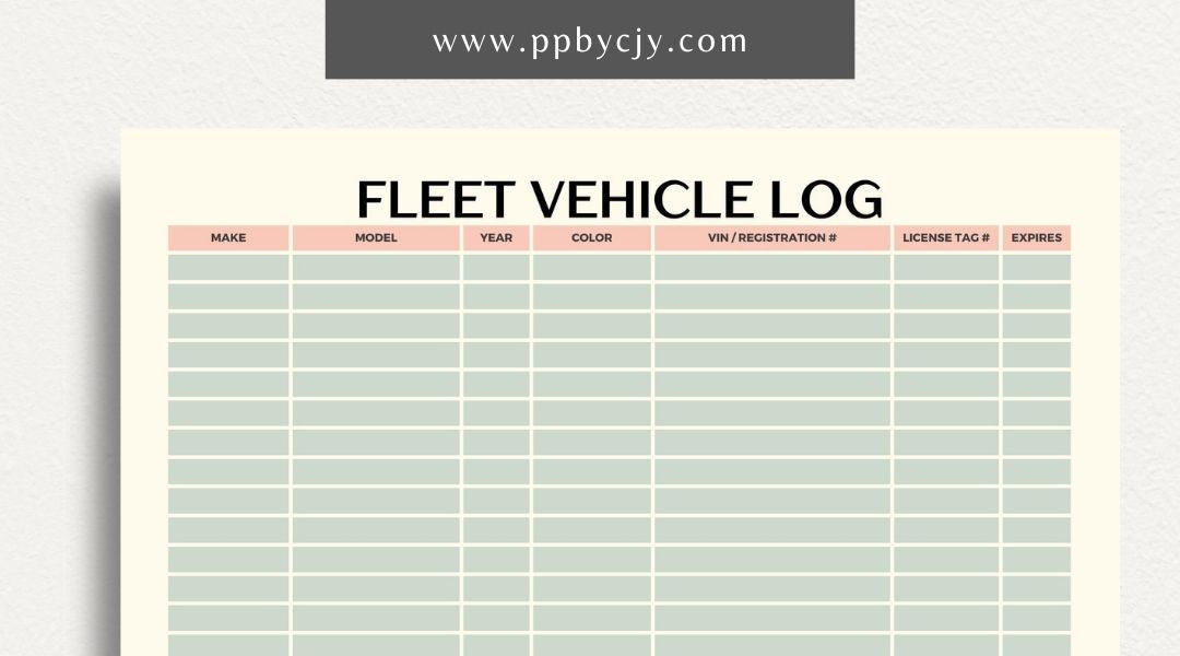 Fleet Vehicle Tracker Printable Template – Digital download for managing and monitoring fleet vehicle details and maintenance.