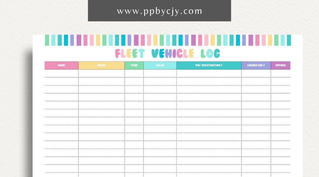 Fleet Vehicle Tracker Printable Template – Digital download for managing and monitoring fleet vehicle details and maintenance.