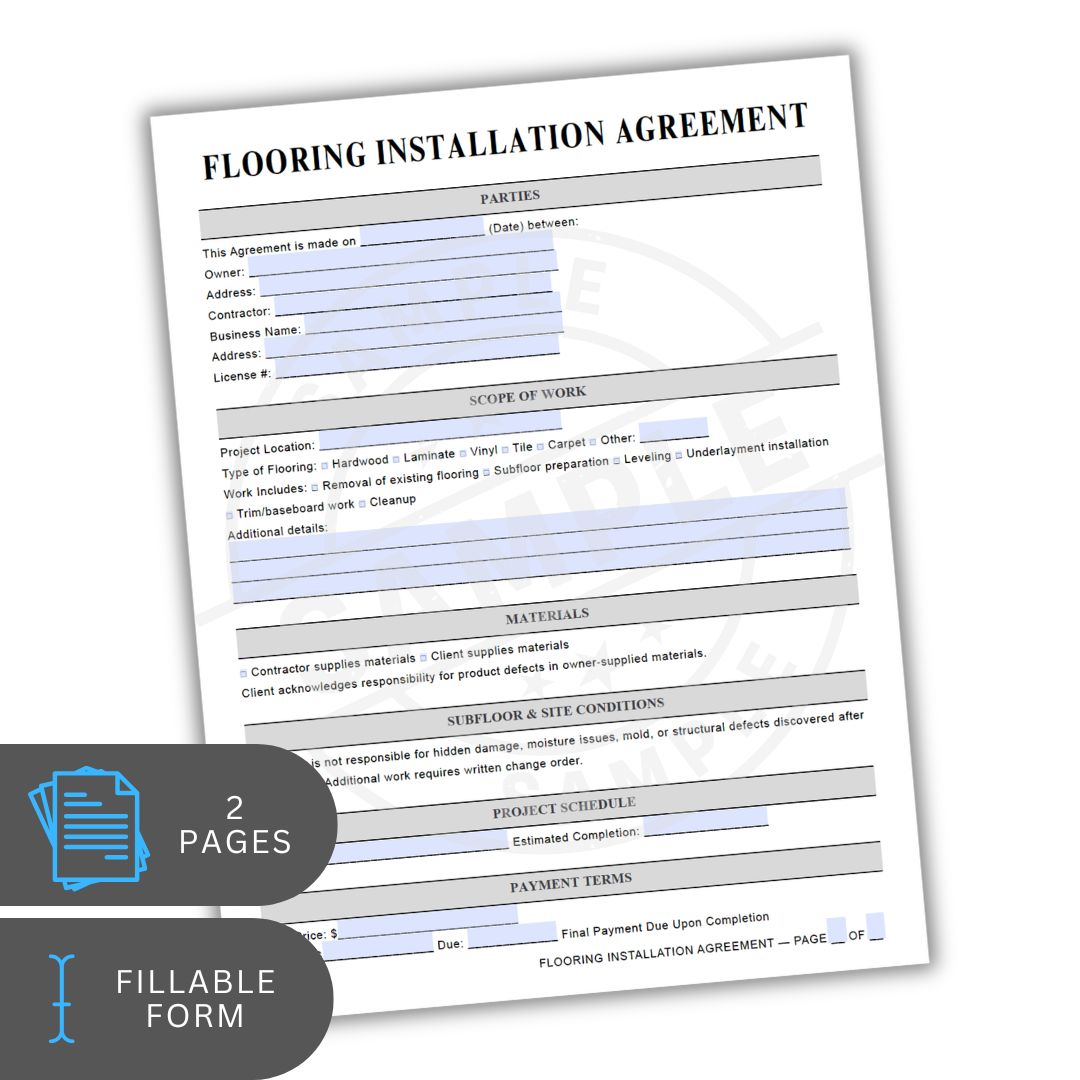 Flooring installation agreement form with two pages and fillable text on a white background.