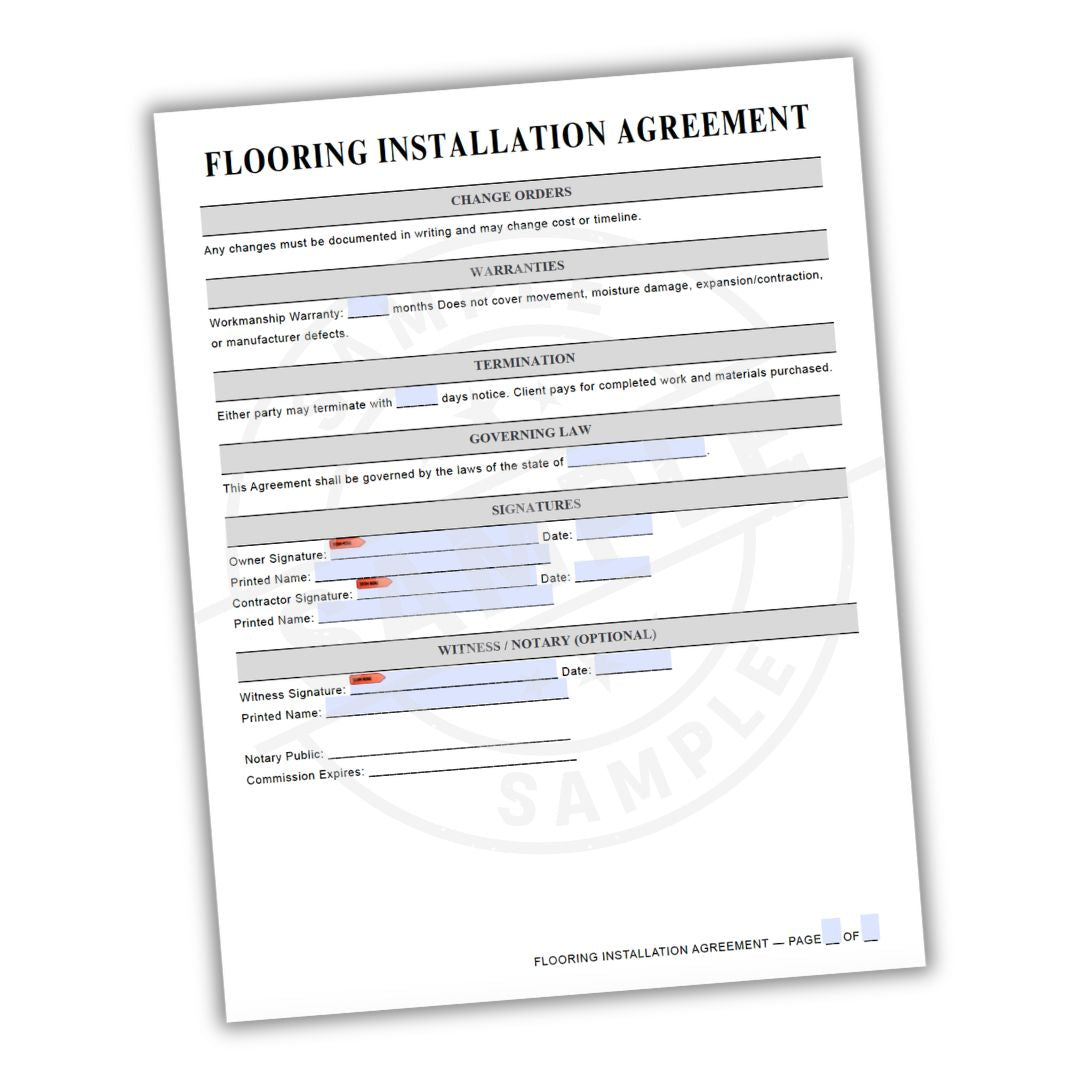 Flooring installation agreement form on a white background