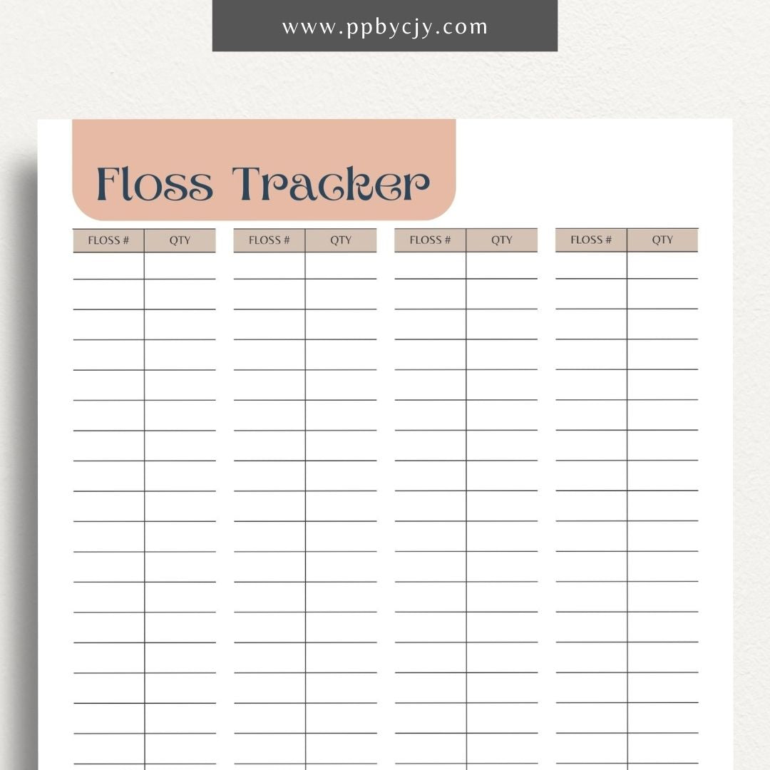 Embroidery Floss Inventory Printable Template – Digital Download for Tracking Floss Supplies with sections for color numbers, quantities, and storage locations.