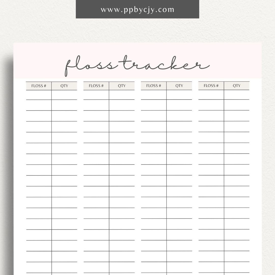 Embroidery Floss Inventory Printable Template – Digital Download for Tracking Floss Supplies with sections for color numbers, quantities, and storage locations.