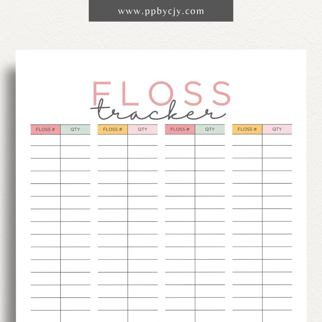 Embroidery Floss Inventory Printable Template – Digital Download for Tracking Floss Supplies with sections for color numbers, quantities, and storage locations.