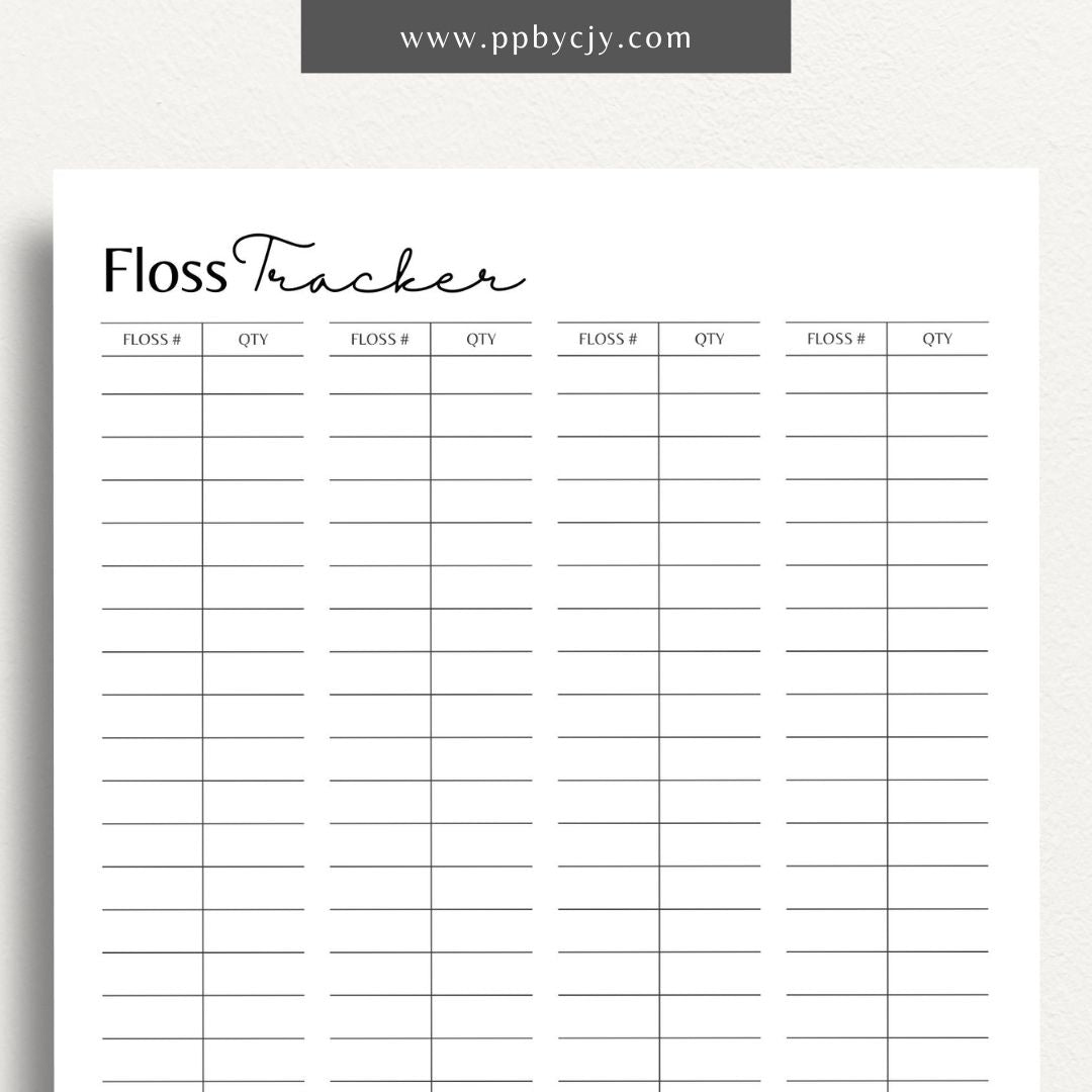 Embroidery Floss Inventory Printable Template – Digital Download for Tracking Floss Supplies with sections for color numbers, quantities, and storage locations.